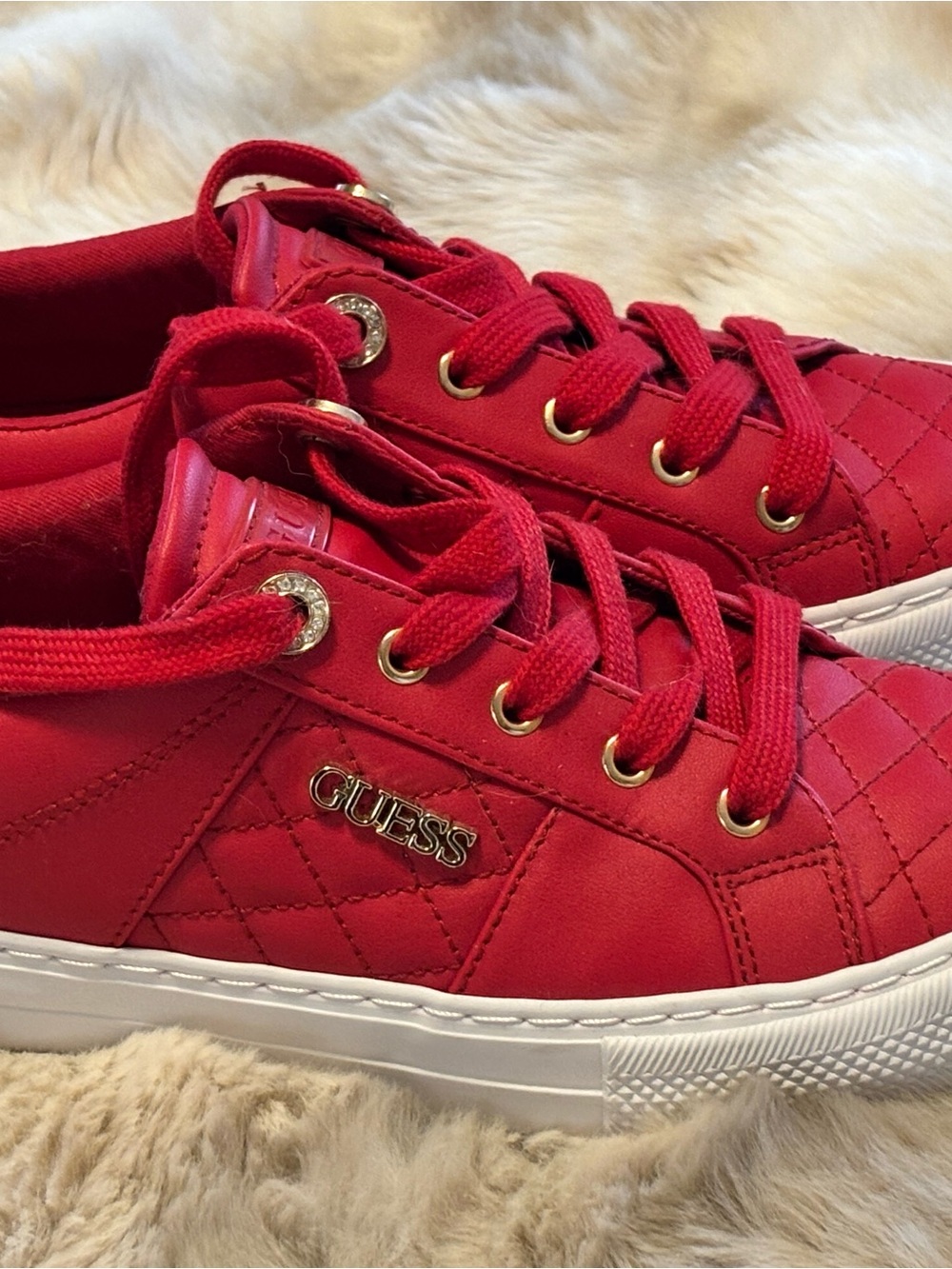 GUESS Red Quilted Lace-Up Sneakers with Gold Logo Accents